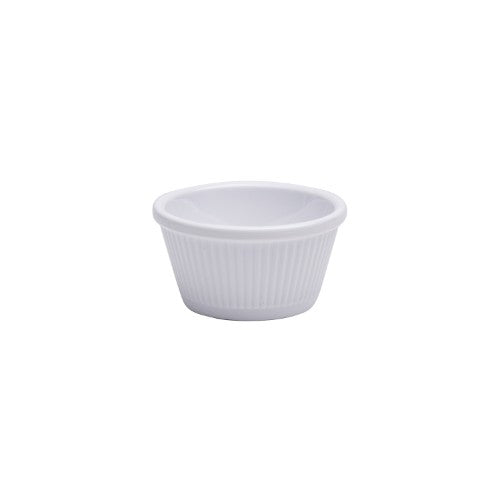 Set of 6 white Jab Ribbed ramekins made from durable melamine, ideal for serving appetizers and desserts.