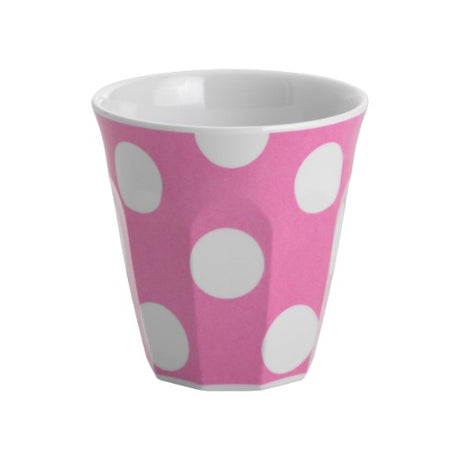 Set of 6 hot pink tumblers with white dots, made from durable, dishwasher-safe melamine for versatile outdoor use.