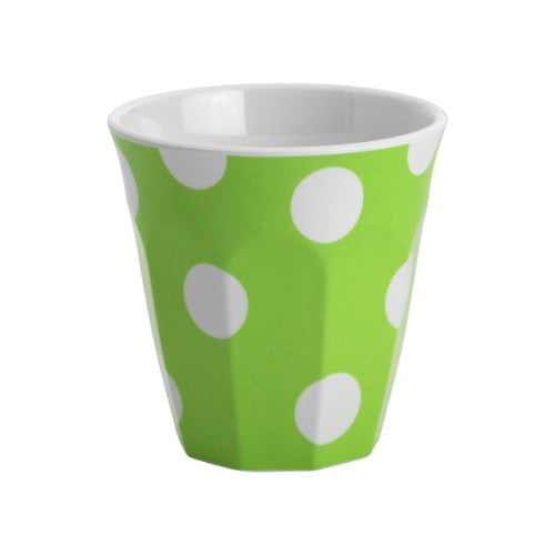 Set of 6 white dot tumblers on lime, 300ml each, durable melamine ideal for indoor and outdoor dining.