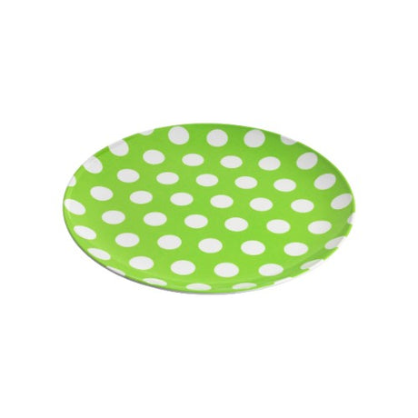 Set of 6 vibrant melamine plates featuring white dots on lime, durable and stylish for any dining occasion.