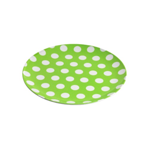Set of 6 vibrant melamine plates featuring white dots on lime, durable and stylish for any dining occasion.