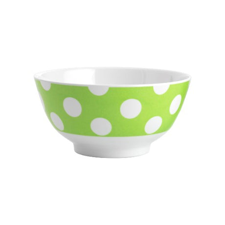 Set of 6 vibrant melamine bowls with white dots on lime, perfect for everyday use and special occasions, 15cm each.