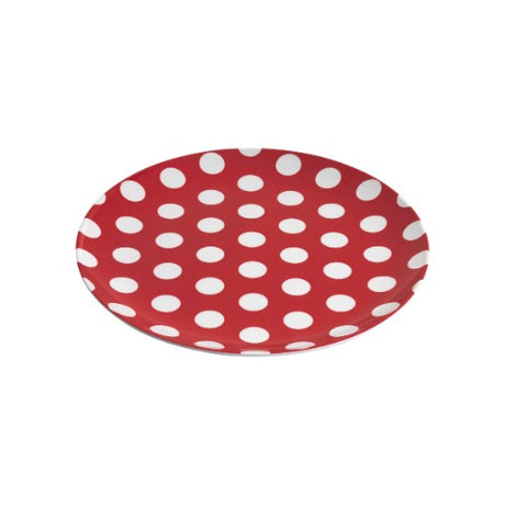 Set of 6 vibrant red melamine plates with white dots, perfect for stylish and durable dining experiences.
