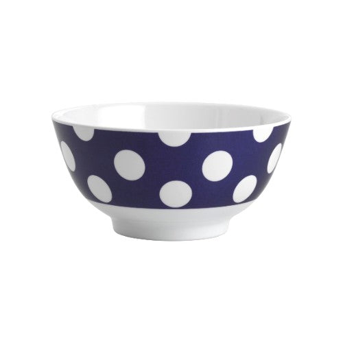 Set of 6 navy bowls with white dots, crafted from durable melamine, perfect for stylish dining and easy cleaning.