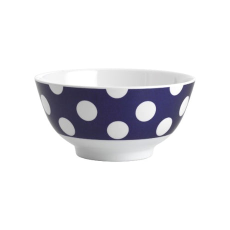 Set of 6 navy bowls with white dots, crafted from durable melamine, perfect for stylish dining and easy cleaning.
