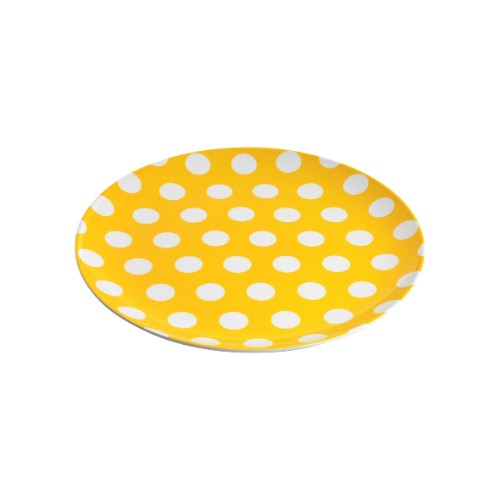 Set of 6 vibrant yellow Jab Coupe Plates with white dots, durable melamine for stylish dining and easy care.