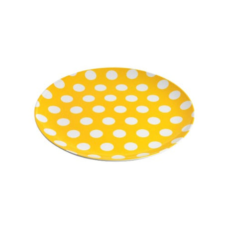 Set of 6 vibrant yellow Jab Coupe Plates with white dots, durable melamine for stylish dining and easy care.