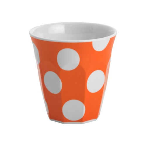 Set of 6 vibrant orange melamine tumblers with playful white dots, perfect for stylish drinks indoors or outdoors.