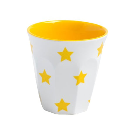 Set of 6 melamine tumblers in vibrant yellow star design, perfect for hot and cold beverages, dishwasher safe.