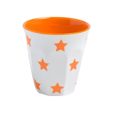 Set of 6 orange star pattern tumblers, durable melamine, 200ml capacity, dishwasher safe, perfect for dining and gatherings.