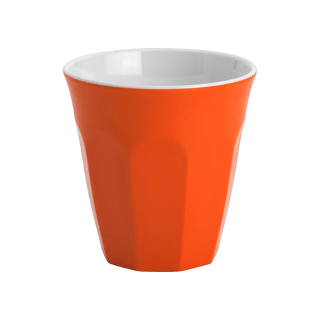 Vibrant orange 200ml melamine tumbler, durable and stylish for drinks, resistant to scratches, and dishwasher safe.
