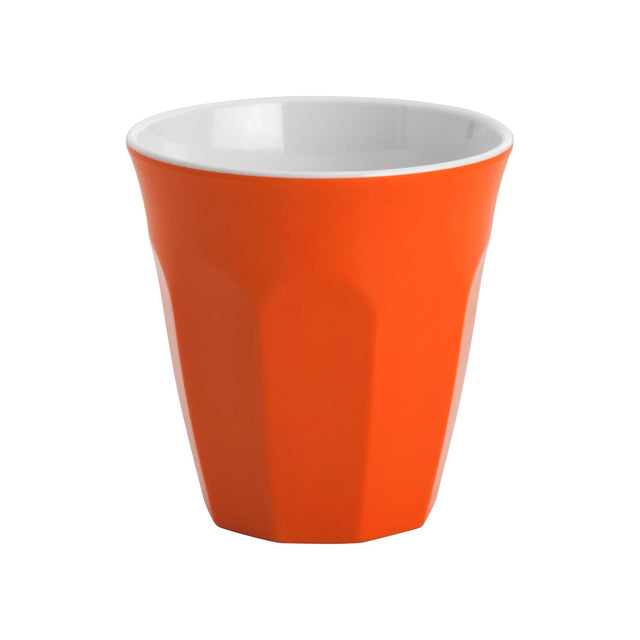 Vibrant orange 200ml melamine tumbler, durable and stylish for drinks, resistant to scratches, and dishwasher safe.