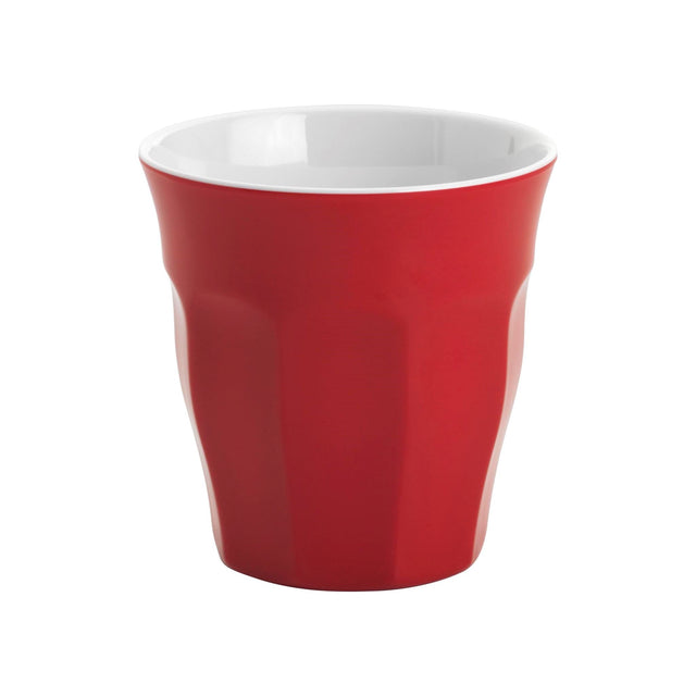 Set of 6 vibrant red 200ml melamine tumblers, stylish, durable, and perfect for hot or cold beverages.