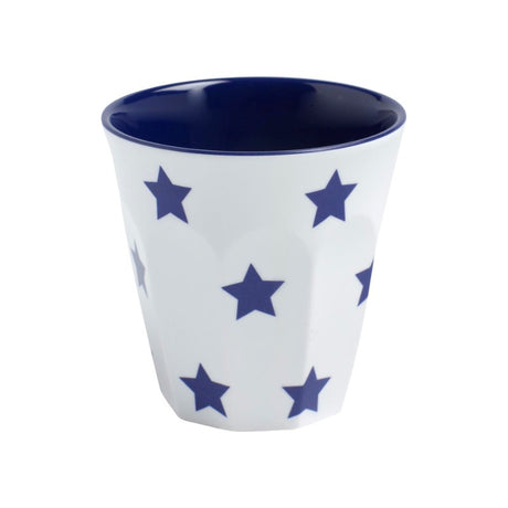 Set of 12 Jab Navy Star 200ml tumblers in elegant melamine, ideal for hot and cold beverages, scratch-resistant and dishwasher safe.