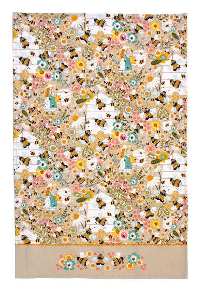 Ulster Weavers Cotton Tea Towel Beekeeper features a floral meadow design with bumblebees on a soft oatmeal background.