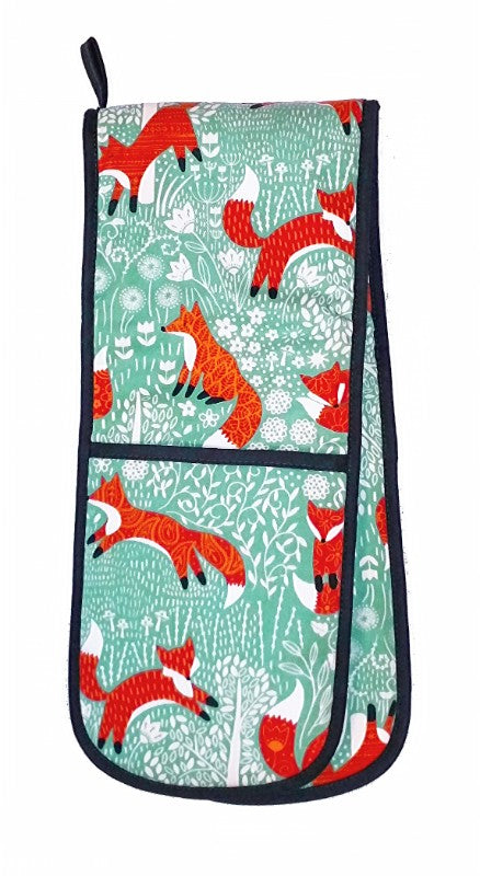 Ulster Weavers Double Oven Glove with Foraging Fox design, featuring duck egg shell background and functional double glove style.