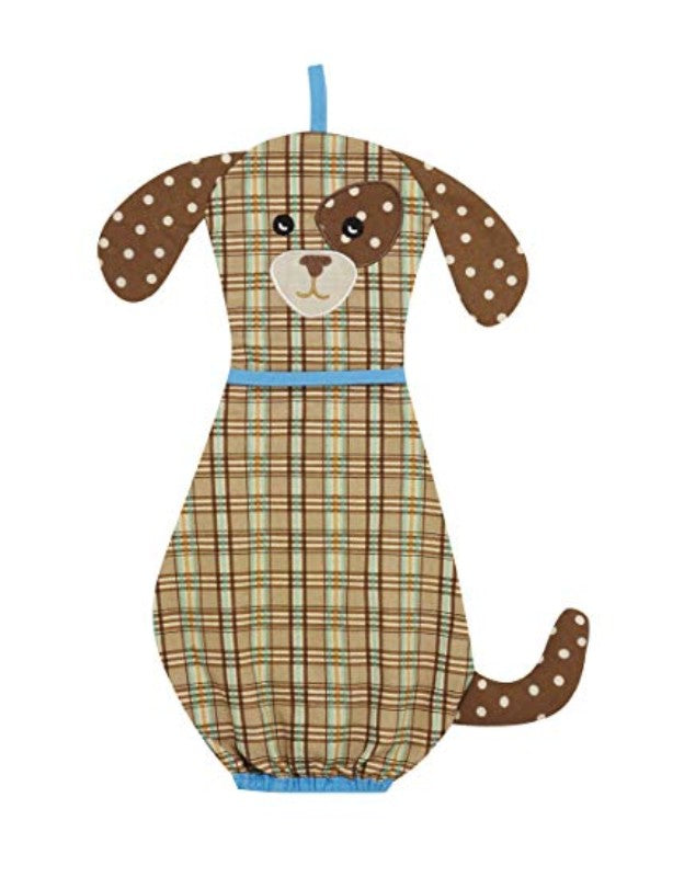 Charming dog-shaped cotton bag saver for organized plastic bag storage, perfect for kitchens and eco-friendly living.