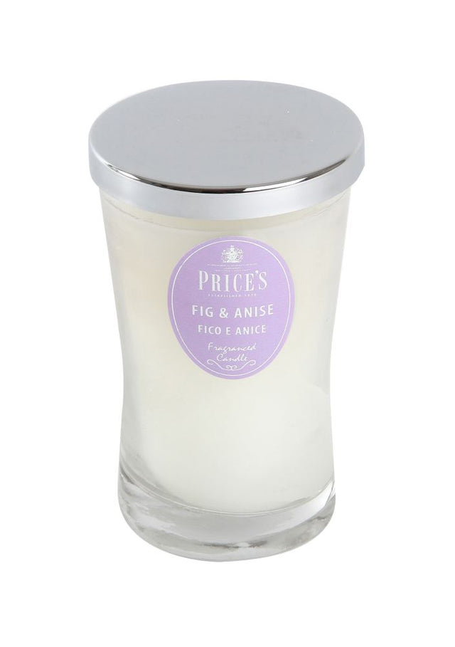 Prices Fig & Anise large jar candle, 130 mm tall, offers 70 hours of uplifting fig and warm anise fragrance.