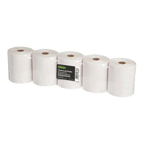 Eco-friendly BPA-free thermal rolls, 80x60mm, pack of 5, ideal for receipt printing with 43.18m length per roll.