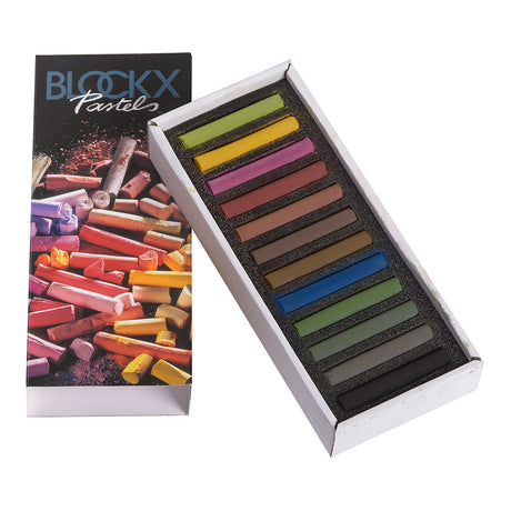 BLOCKX Soft Pastel 12 Set Dark Assorted, featuring rich colors in a protective foam case for easy blending and layering.