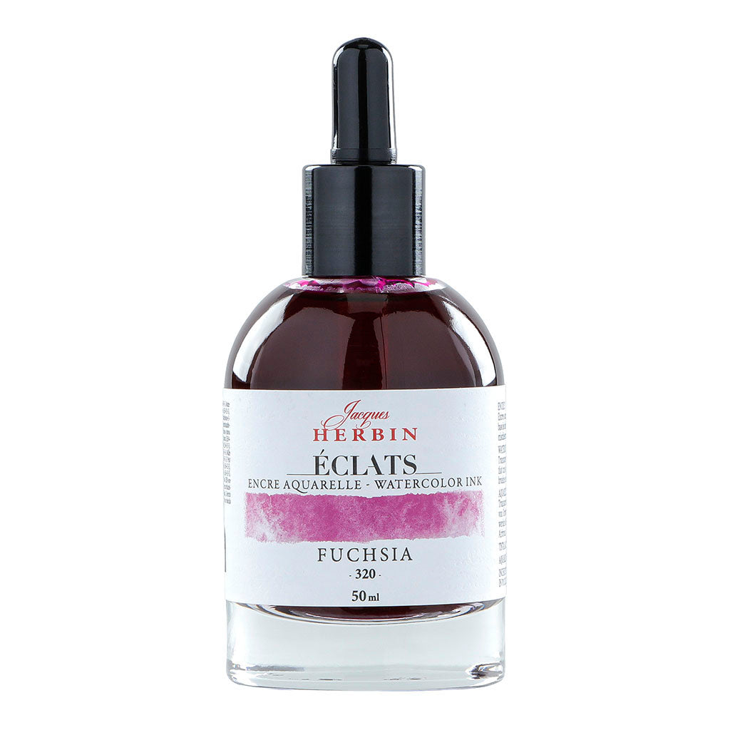 Vibrant 50ml Jacques Herbin Eclats Watercolour Ink in 320 Fuchsia, ideal for artists seeking luminous, versatile colors.