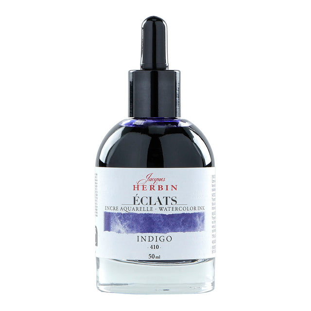 Jacques Herbin Eclats Watercolour Ink 410 Indigo in a 50ml dropper bottle, vibrant deep blue ink for artists and illustrators.