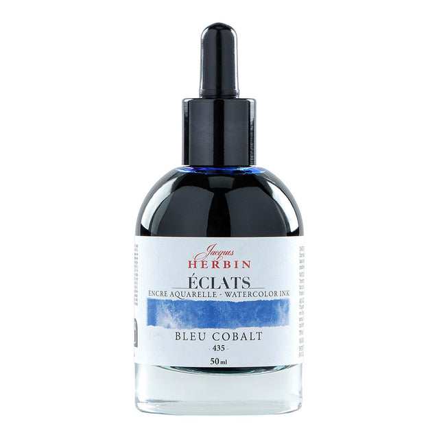 50ml dropper bottle of Jacques Herbin Eclats Watercolour Ink in vibrant Cobalt Blue, ideal for artists and crafters.