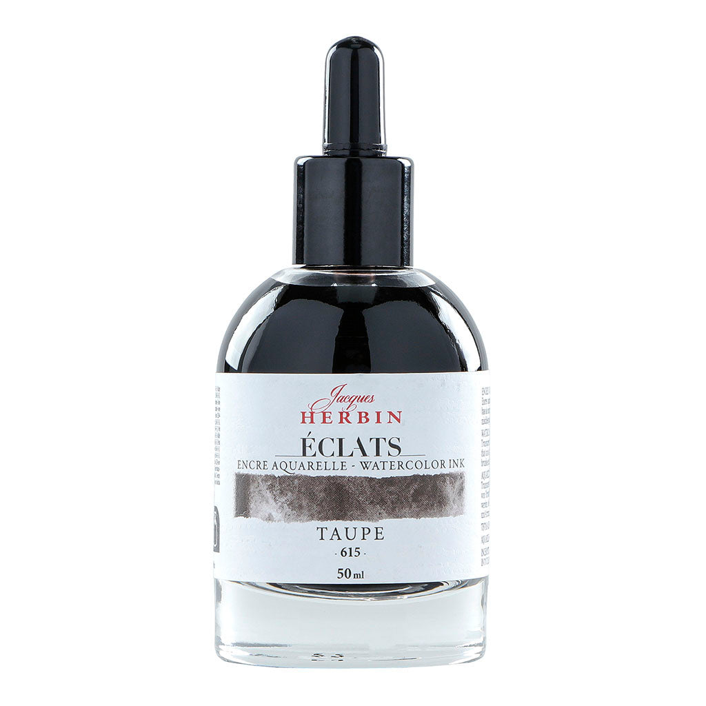 50ml dropper bottle of Jacques Herbin Eclats Watercolour Ink 615 Taupe, perfect for artists with its rich, earthy hue.