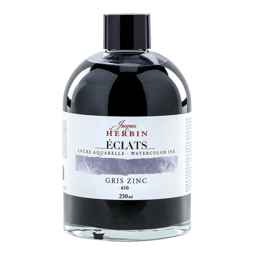 250ml bottle of Jacques Herbin Eclats Watercolour Ink in Zinc Grey, ideal for artists, featuring intense and transparent pigment.