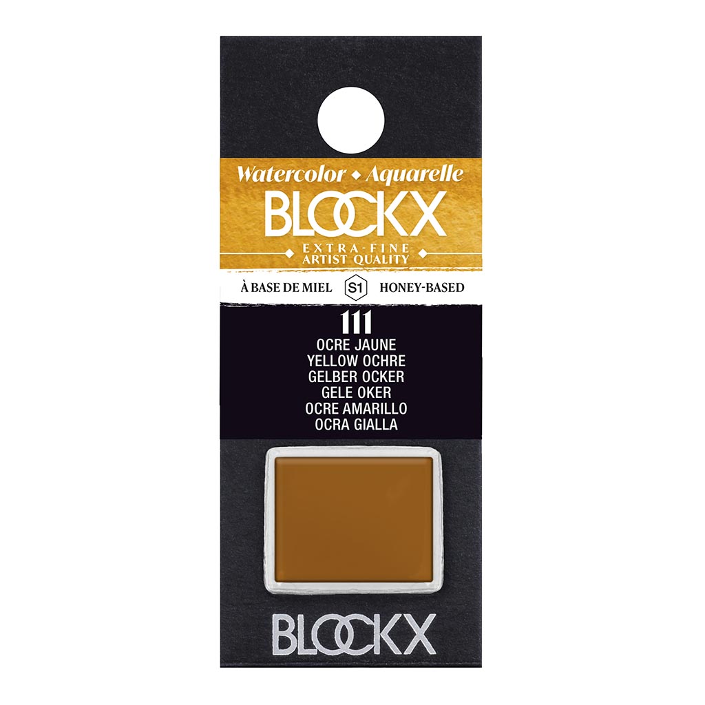 BLOCKX Watercolour Half Pan S1 111 Yellow Ochre, premium light-resistant paint known for vibrant, semi-opaque hues.