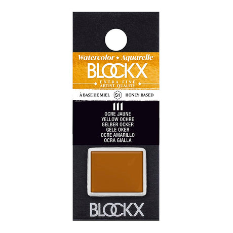 BLOCKX Watercolour Half Pan S1 111 Yellow Ochre, premium light-resistant paint known for vibrant, semi-opaque hues.