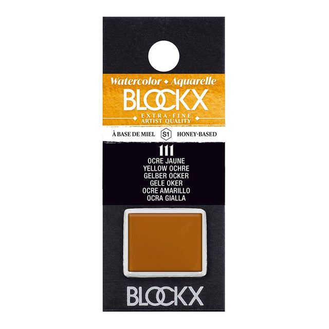BLOCKX Watercolour Half Pan S1 111 Yellow Ochre, premium light-resistant paint known for vibrant, semi-opaque hues.