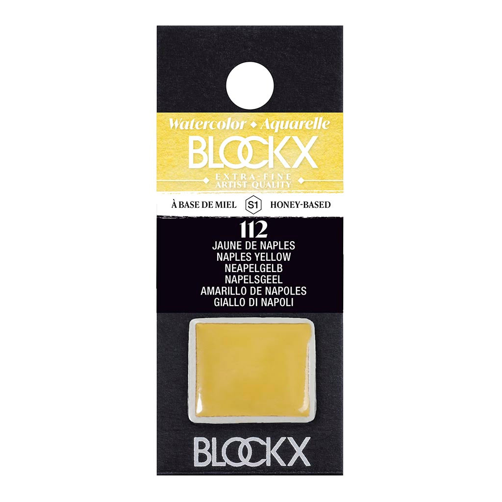 BLOCKX Watercolour Half Pan S1 112 Naples Yellow, a semi-transparent pigment known for its warmth and luminosity, ideal for artists.