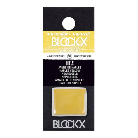 BLOCKX Watercolour Half Pan S1 112 Naples Yellow, a semi-transparent pigment known for its warmth and luminosity, ideal for artists.