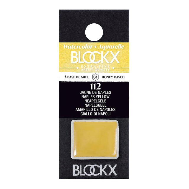 BLOCKX Watercolour Half Pan S1 112 Naples Yellow, a semi-transparent pigment known for its warmth and luminosity, ideal for artists.