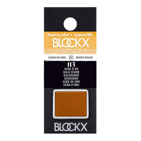 BLOCKX Watercolour Half Pan S1 113 Golden Ochre, a vibrant ochre hue, crafted for lasting brilliance and depth in art.