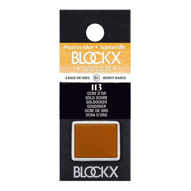 BLOCKX Watercolour Half Pan S1 113 Golden Ochre, a vibrant ochre hue, crafted for lasting brilliance and depth in art.