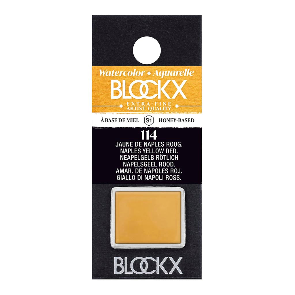 BLOCKX Watercolour Half Pan S1 114 Naples Yellow Reddish, featuring vibrant, light-resistant pigments for artists.