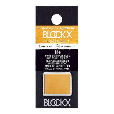 BLOCKX Watercolour Half Pan S1 114 Naples Yellow Reddish, featuring vibrant, light-resistant pigments for artists.
