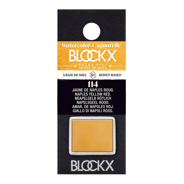 BLOCKX Watercolour Half Pan S1 114 Naples Yellow Reddish, featuring vibrant, light-resistant pigments for artists.