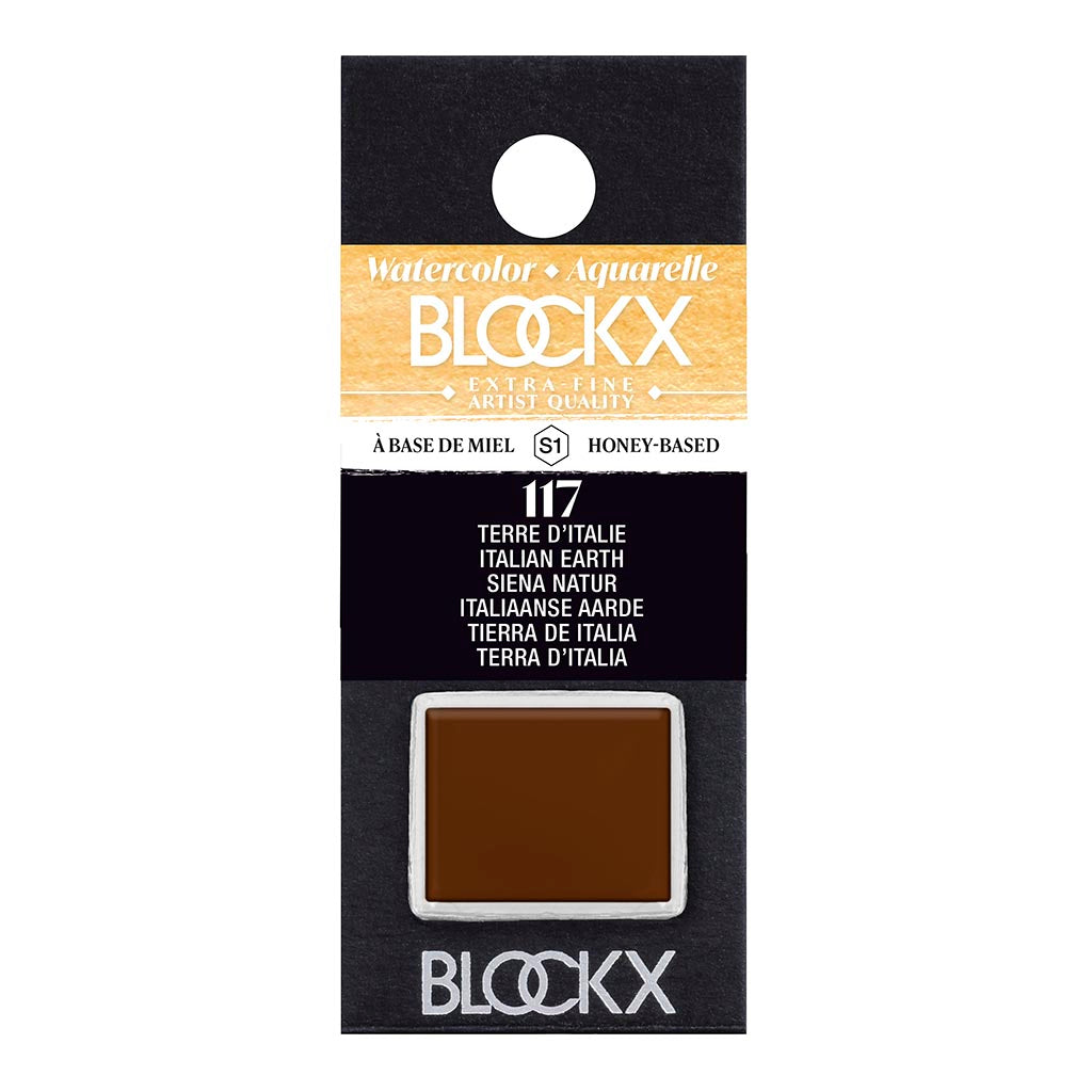 BLOCKX Watercolour Half Pan S1 117 Italian Earth, featuring rich, light-resistant pigments for vibrant landscapes and portraits.