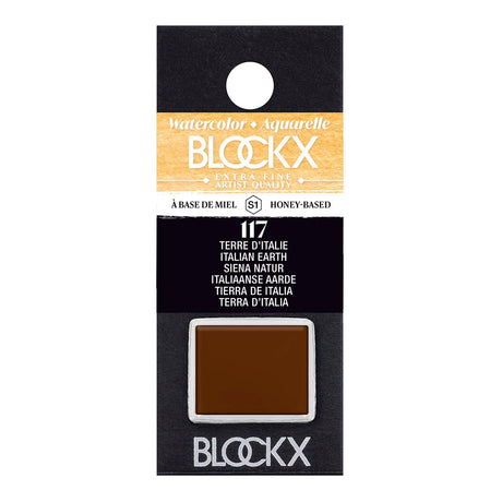 BLOCKX Watercolour Half Pan S1 117 Italian Earth, featuring rich, light-resistant pigments for vibrant landscapes and portraits.