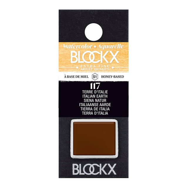 BLOCKX Watercolour Half Pan S1 117 Italian Earth, featuring rich, light-resistant pigments for vibrant landscapes and portraits.