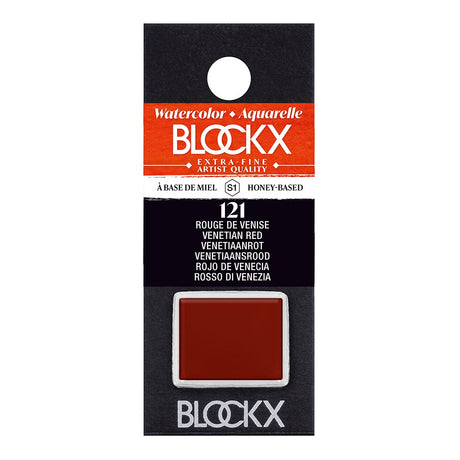 BLOCKX Watercolour Half Pan in Venetian Red, featuring light-resistant PR102 pigment for vibrant, long-lasting art.