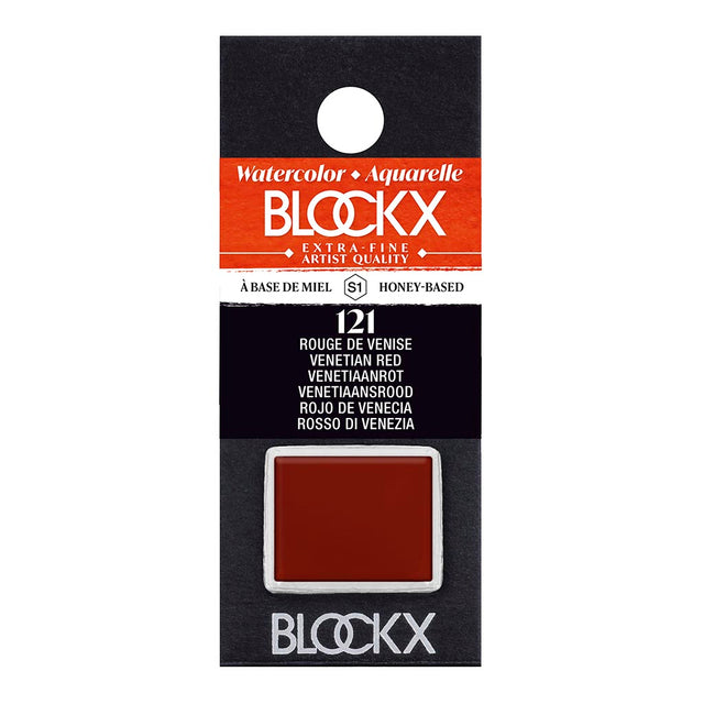 BLOCKX Watercolour Half Pan in Venetian Red, featuring light-resistant PR102 pigment for vibrant, long-lasting art.