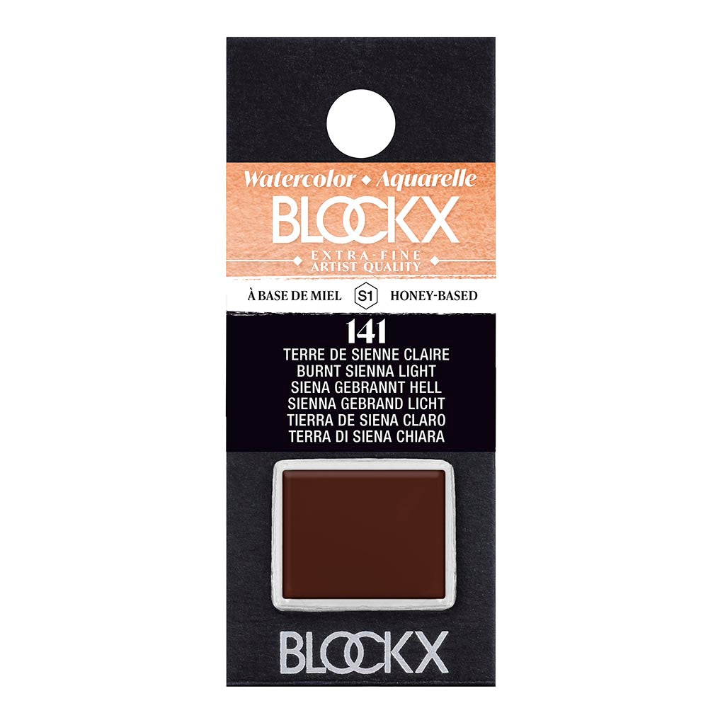 BLOCKX Watercolour Half Pan in Light Burnt Sienna, offering warm earthy tones perfect for landscapes and portraits.