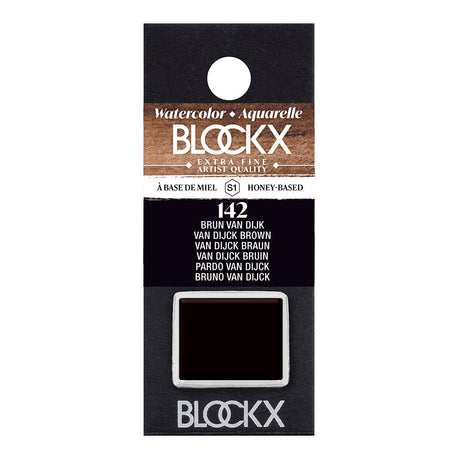 BLOCKX Watercolour Half Pan S1 142 Van Dijk Brown offers rich, warm hues with semi-transparent opacity for versatile art creation.