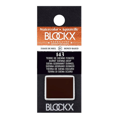 BLOCKX Watercolour Half Pan S1 143 in Deep Burnt Sienna offers vibrant, lightfast pigments for stunning watercolor effects.