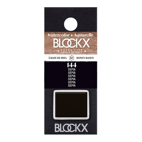 BLOCKX Watercolour Half Pan S1 144 Sepia, a handcrafted earthy tone perfect for landscapes and portraits.