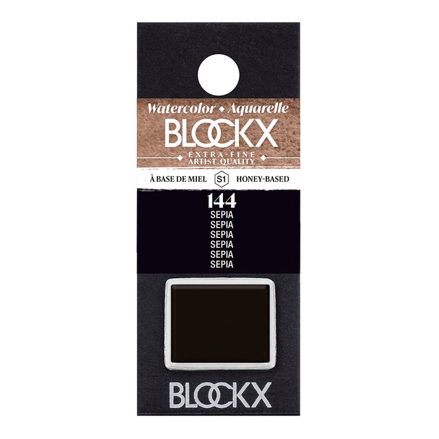 BLOCKX Watercolour Half Pan S1 144 Sepia, a handcrafted earthy tone perfect for landscapes and portraits.